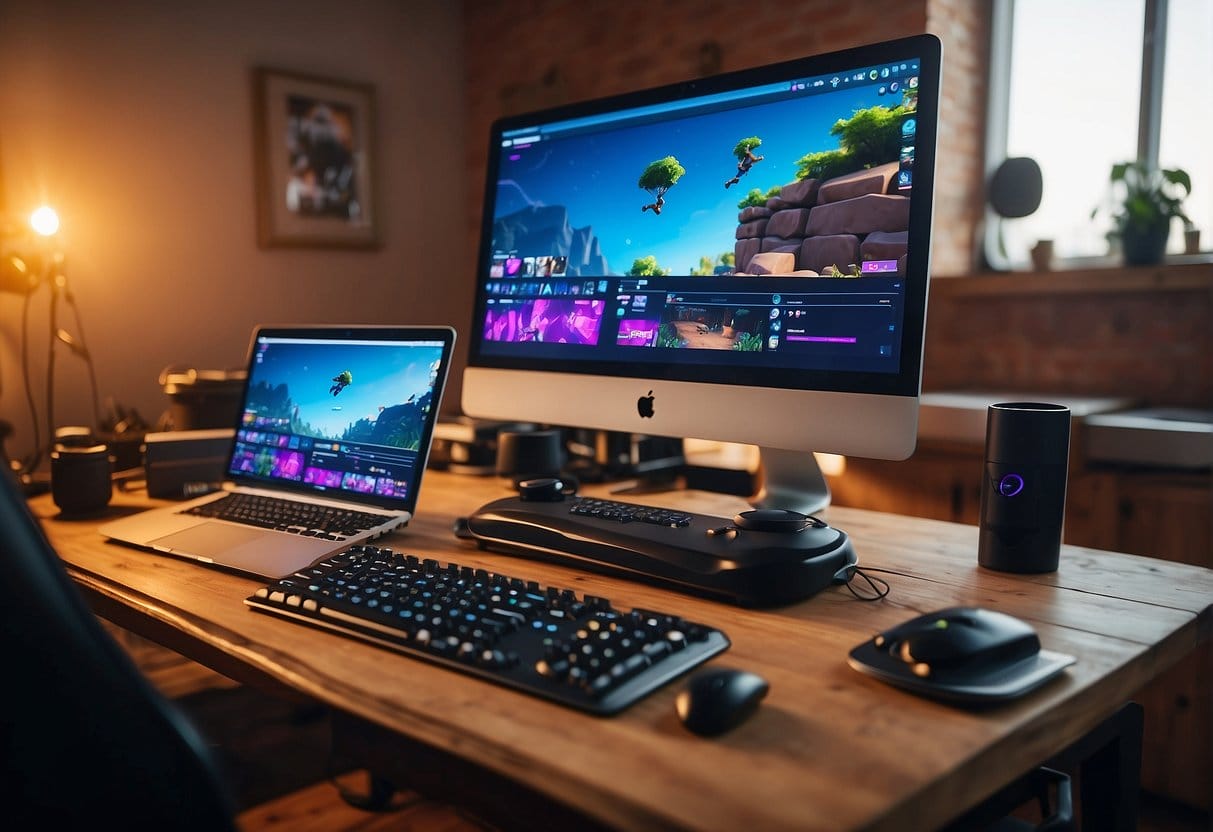 A Mac computer with peripherals and controls set up for playing Fortnite