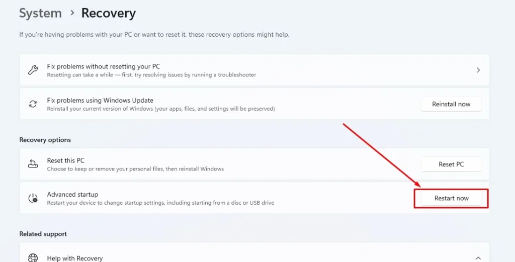 Select ‘Restart now’ under Advanced startup